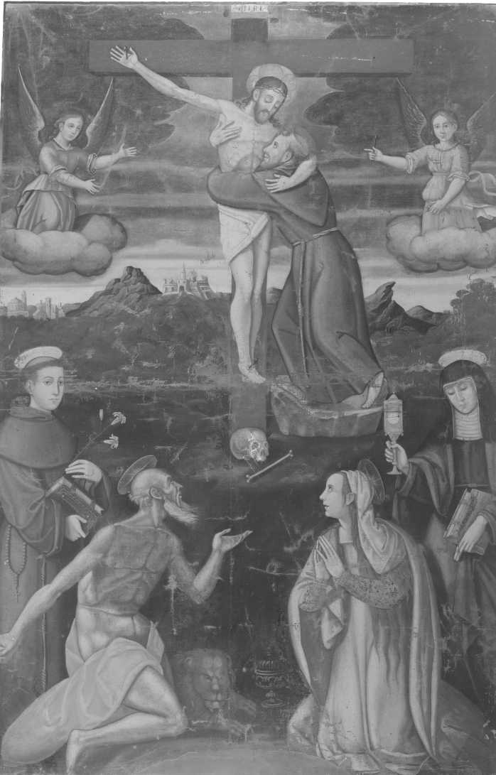 Crocifisso con cinque santi, San Francesco d'Assisi abbraccia Cristo crocifisso (dipinto) - ambito romagnolo (metà sec. XVII)