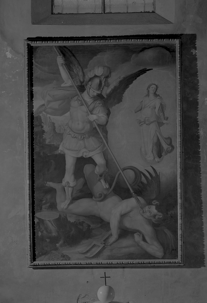 San Michele Arcangelo combatte Satana (dipinto) di Laurentini Giovanni detto Arrigoni (sec. XVI)
