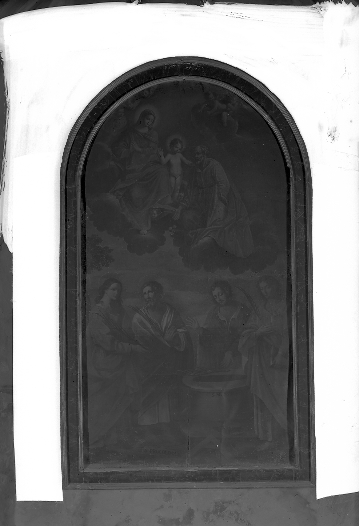 Sacra famiglia in gloria con quattro santi patroni dei muratori (dipinto) - ambito romagnolo (terzo quarto sec. XVIII)