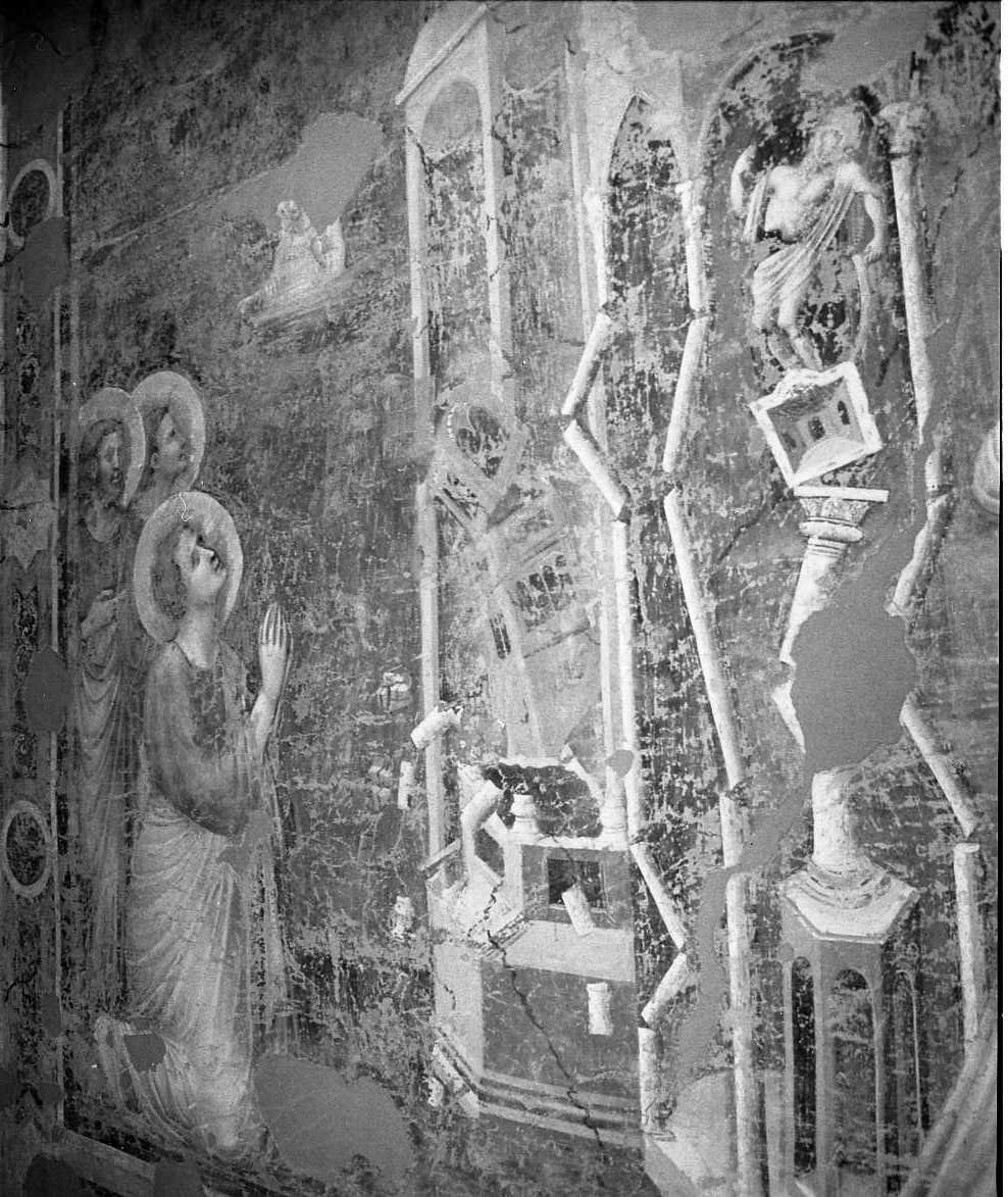 terremoto di Efeso; San Giovanni Evangelista immerso nell'olio bollente (dipinto) di Maestro del Coro di Sant'Agostino (sec. XIV)