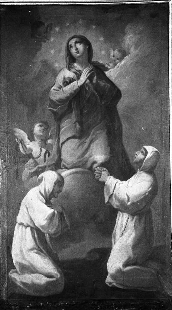 Immacolata Concezione adorata da due confratelli del Gonfalone e un angelo (dipinto) di Milani Giuseppe (sec. XVIII)