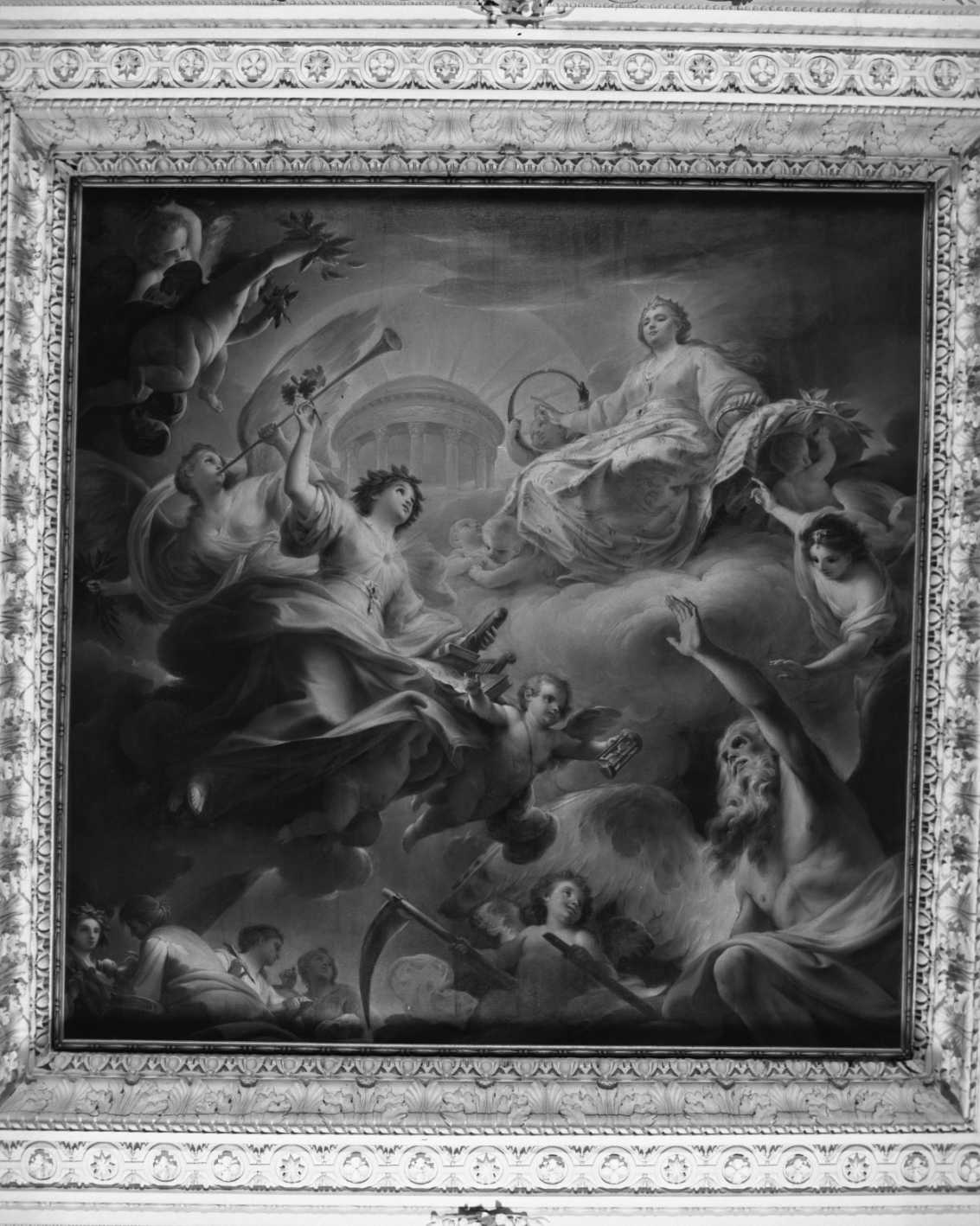 La Fama che chiama la Virtù al tempio della Gloria, allegoria della Fama (dipinto) di De Rossi Mariano detto Sciacca (sec. XVIII)