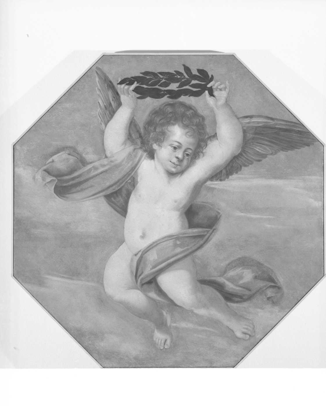 Putto alato con corona, angelo (dipinto) - ambito ravennate (prima metà sec. XVIII)
