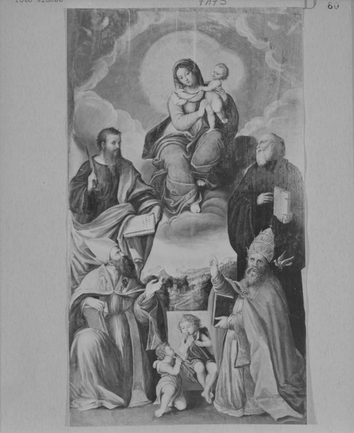 La Madonna col Bambino e i Santi Bartolomeo, un Santo Vescovo, San Gregorio Magno e San Benedetto (?), Madonna e Santi (pala d'altare) di Longhi Francesco (attribuito) (metà sec. XVI)