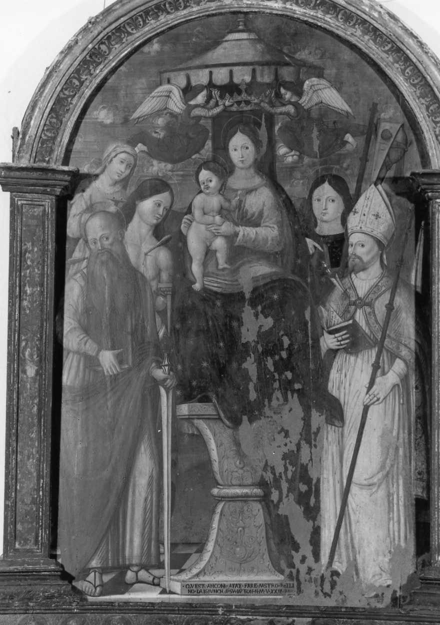 Madonna con Bambino, San Paolo, San Sebastiano, San Savino, San Giacomo Maggiore e Santa Lucia (dipinto) di Vannucci Pietro detto Perugino (maniera) (sec. XVI)