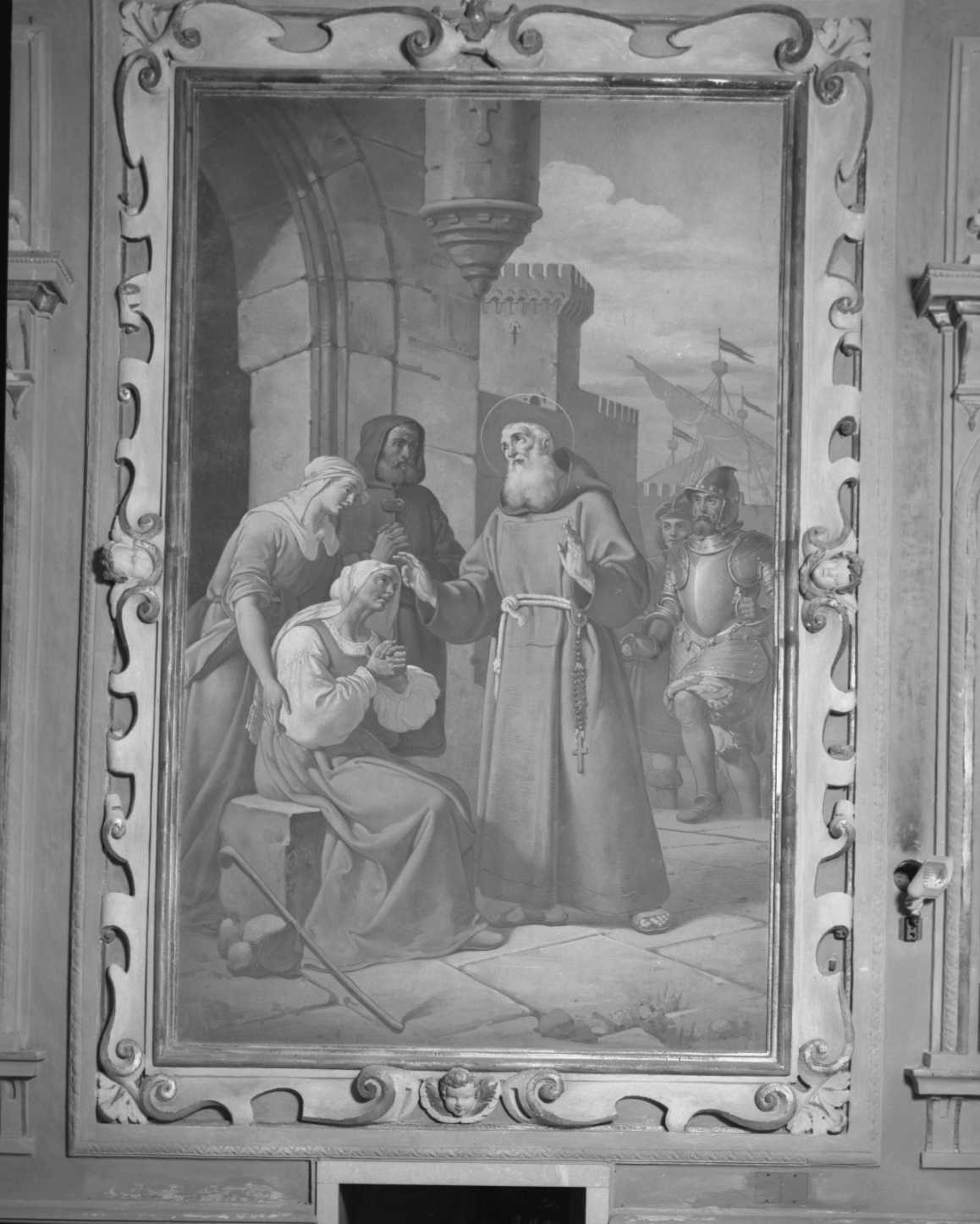 San Lorenzo da Brindisi guarisce un'inferma, storie della vita di San Lorenzo da Brindisi (pala d'altare, ciclo) di Randi Pompeo (terzo quarto sec. XIX)