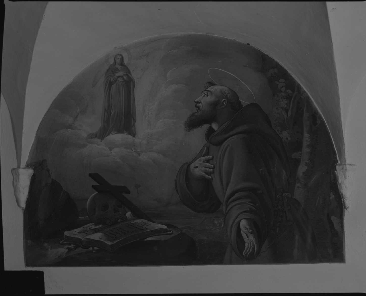 Apparizione della Vergine a San Francesco, apparizione della Madonna a San Francesco (lunetta) di Randi Pompeo (terzo quarto sec. XIX)