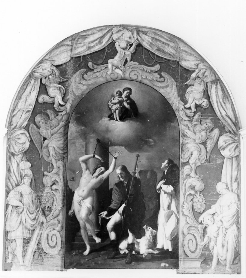 cornice architettonica con motivi decorativi e figure (dipinto) - ambito romagnolo (seconda metà sec. XVIII)