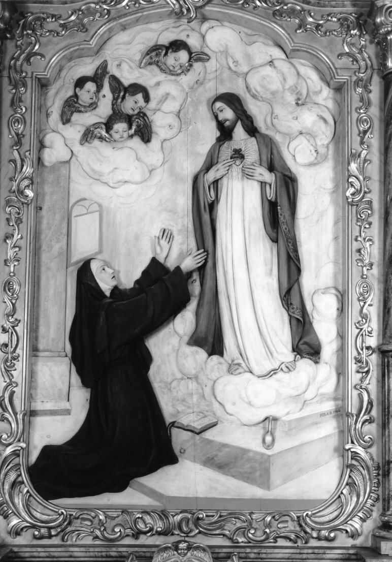 Santa Rita inginocchiata davanti al Sacro Cuore (rilievo) di Santifaller Luigi (sec. XX)