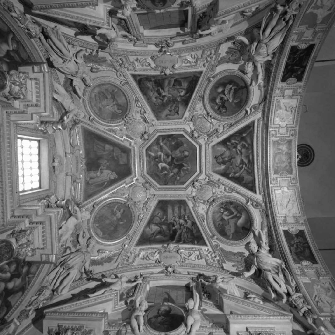 Dio Padre e cherubini/ Episodi della vita di San Carlo Borromeo/ quattro virtù cardinali/ angeli (decorazione plastico-pittorica, complesso decorativo) di Fenzoni Ferraù, Algardi Alessandro (sec. XVII)