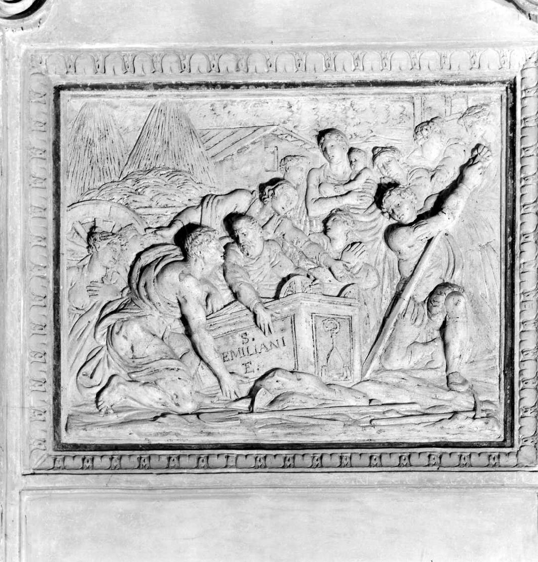 ritrovamento delle spoglie di Sant'Emiliano (rilievo) di Giani Felice, Ballanti Giovanni Battista detto Graziani (sec. XIX)