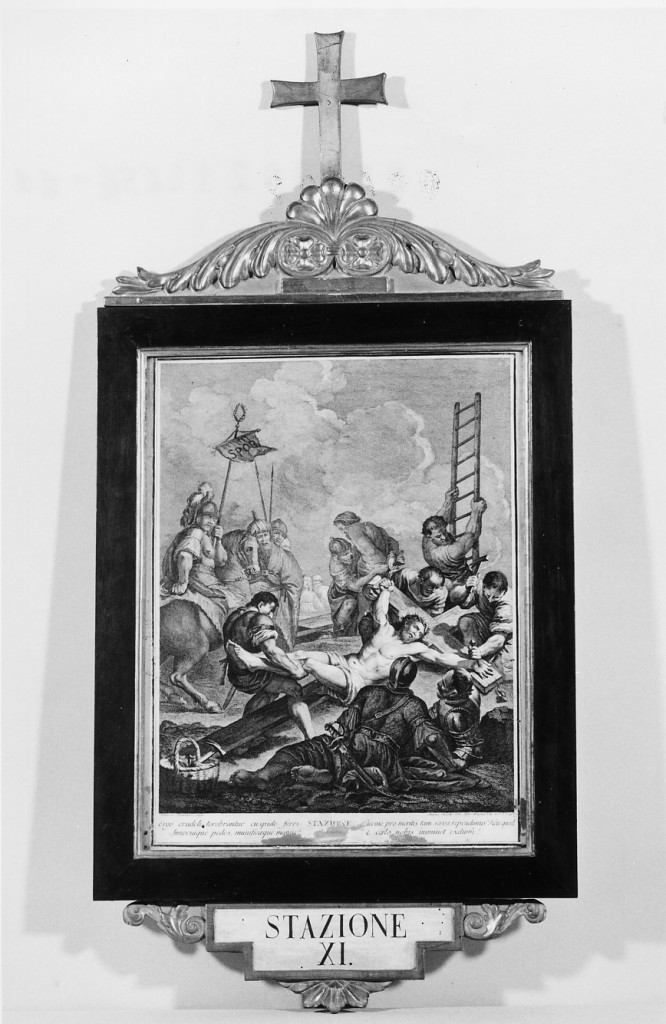 stazione XI: Gesù inchiodato alla croce (incisione, elemento d'insieme) di Fontebasso Francesco, Baratti Antonio (sec. XVIII)