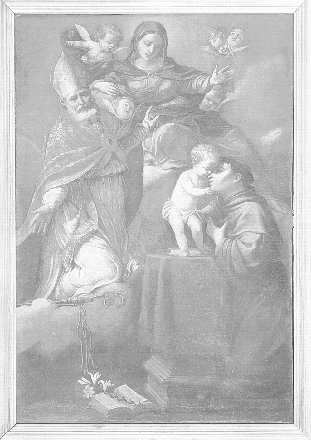 Madonna con Gesù Bambino, Sant'Antonio da Padova e Sant'Ambrogio (dipinto) di Ghedini Giuseppe Antonio (seconda metà sec. XVIII)