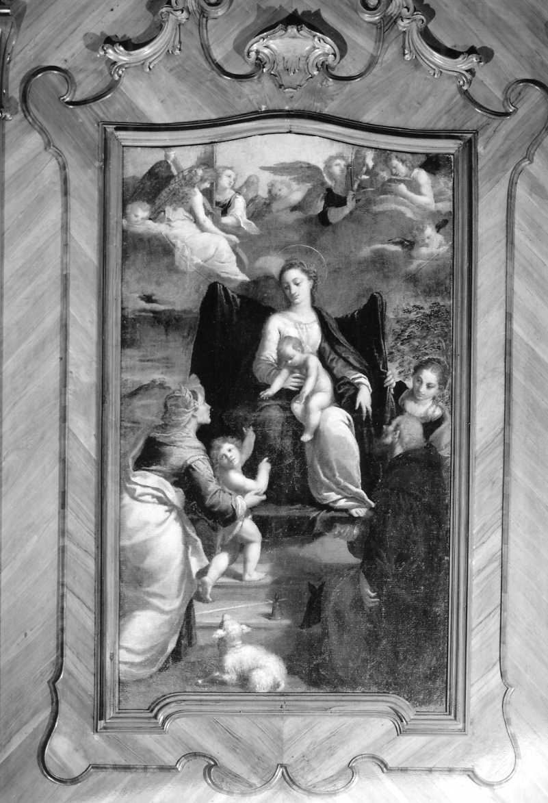 Madonna con Bambino in trono con San Giovannino, Sant'Elisabetta, Sant'Antonio Abate e Santa Lucia, Madonna con Bambino e Santi (dipinto) di Scarsella Ippolito detto Scarsellino (sec. XVII)