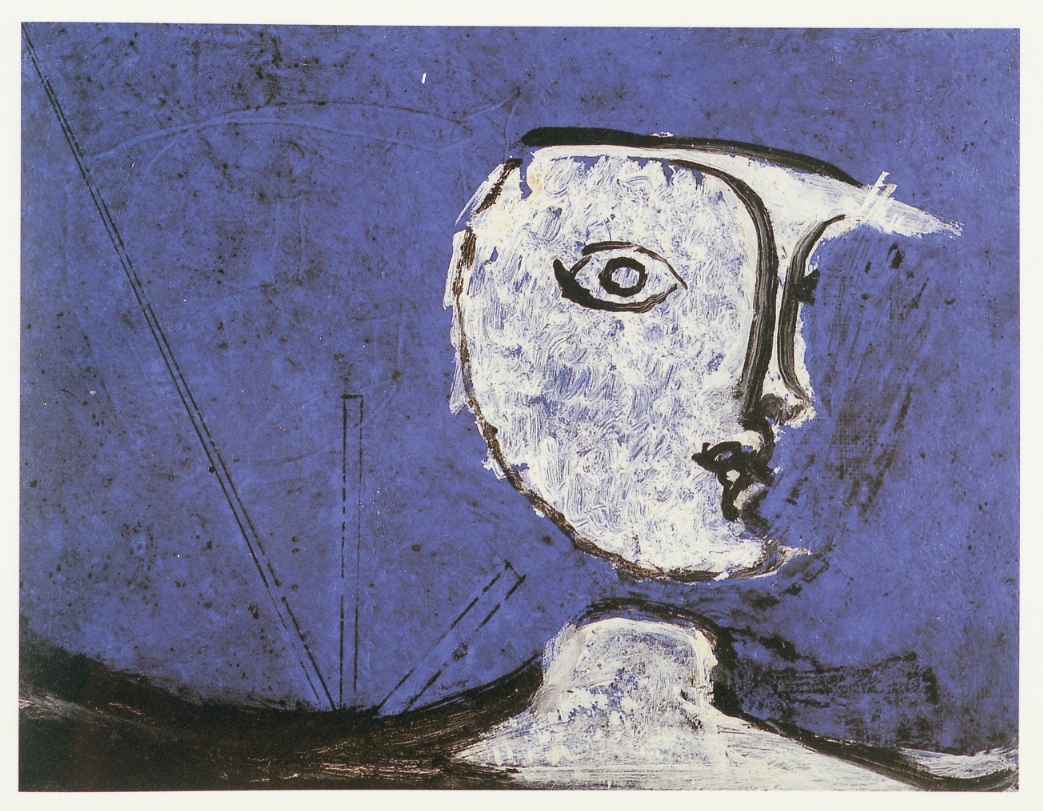 Luna su fondo blu, composizione astratta (dipinto) di Licini Osvaldo (sec. XX)