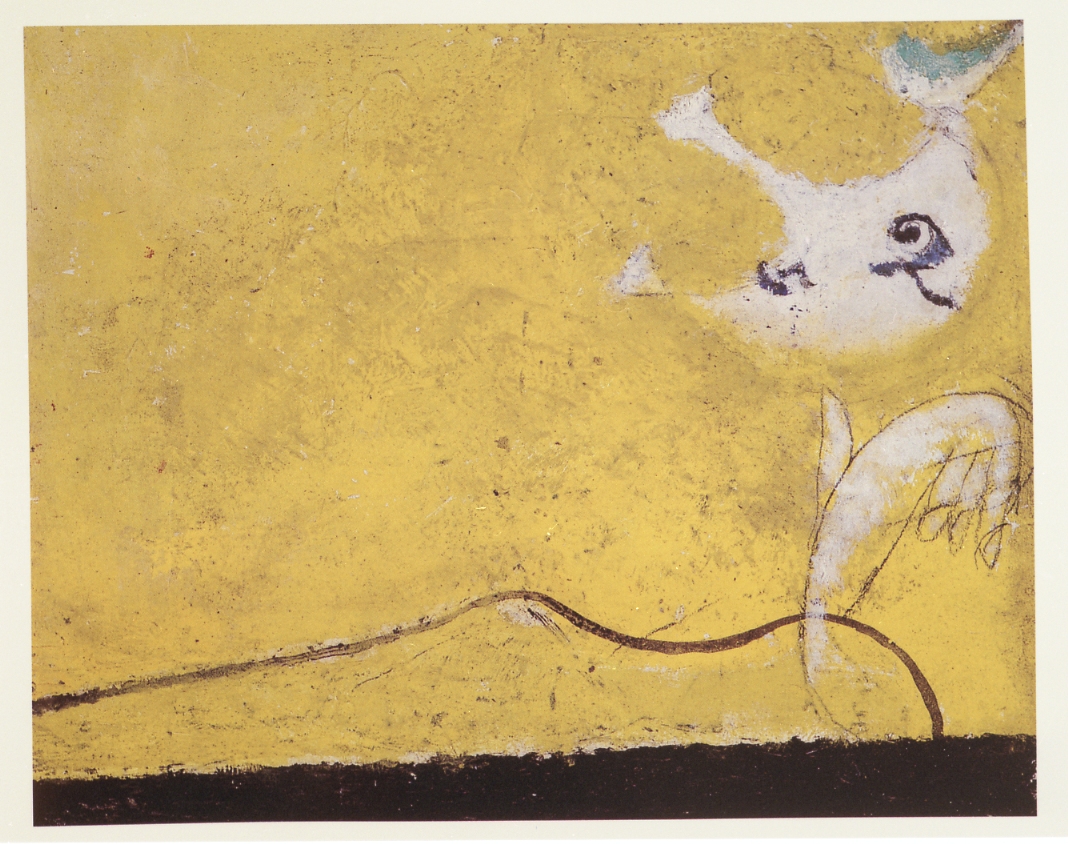 Amalasunta con trombetta su fondo giallo, composizione astratta (dipinto) di Licini Osvaldo (sec. XX)