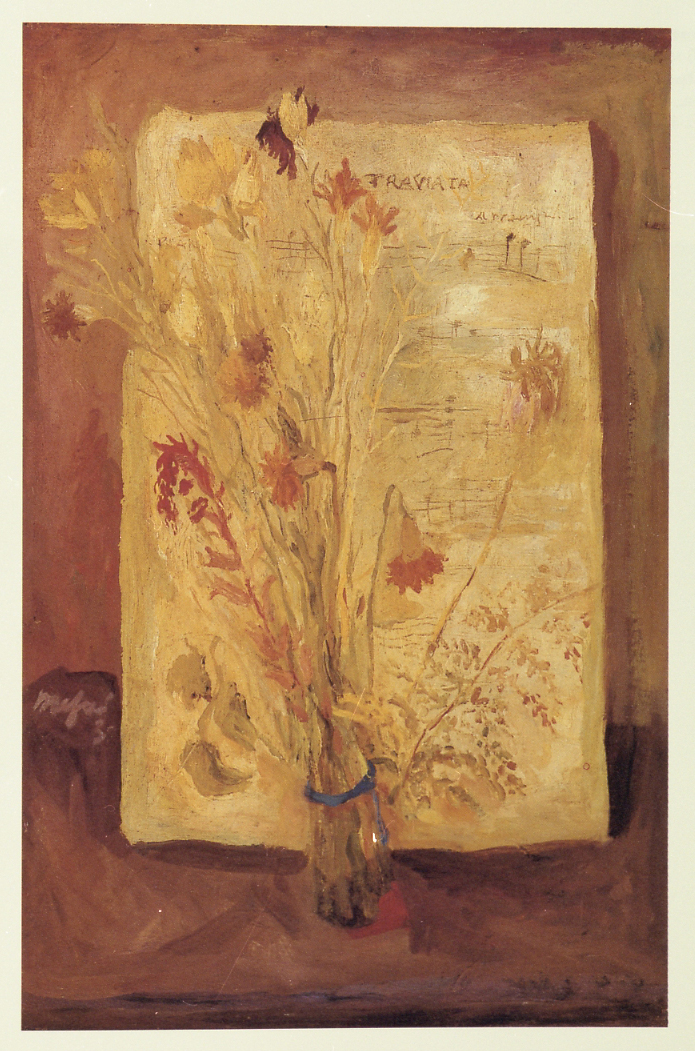 Fiori secchi e spartito della Traviata, mazzo di fiori con spartito musicale (dipinto) di Mafai Mario (sec. XX)