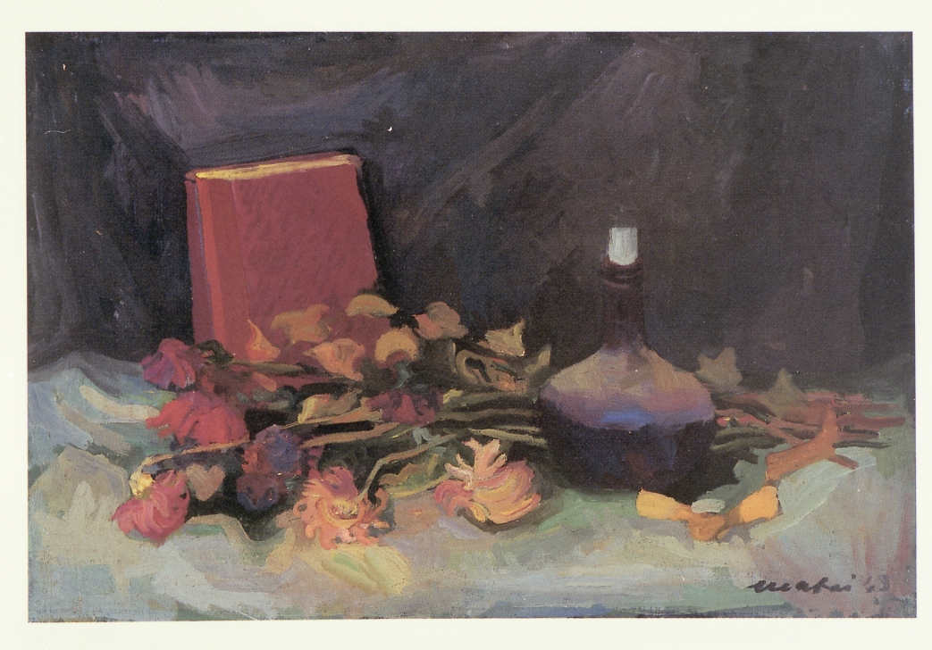 Libro e fiori secchi, natura morta (dipinto) di Mafai Mario (sec. XX)