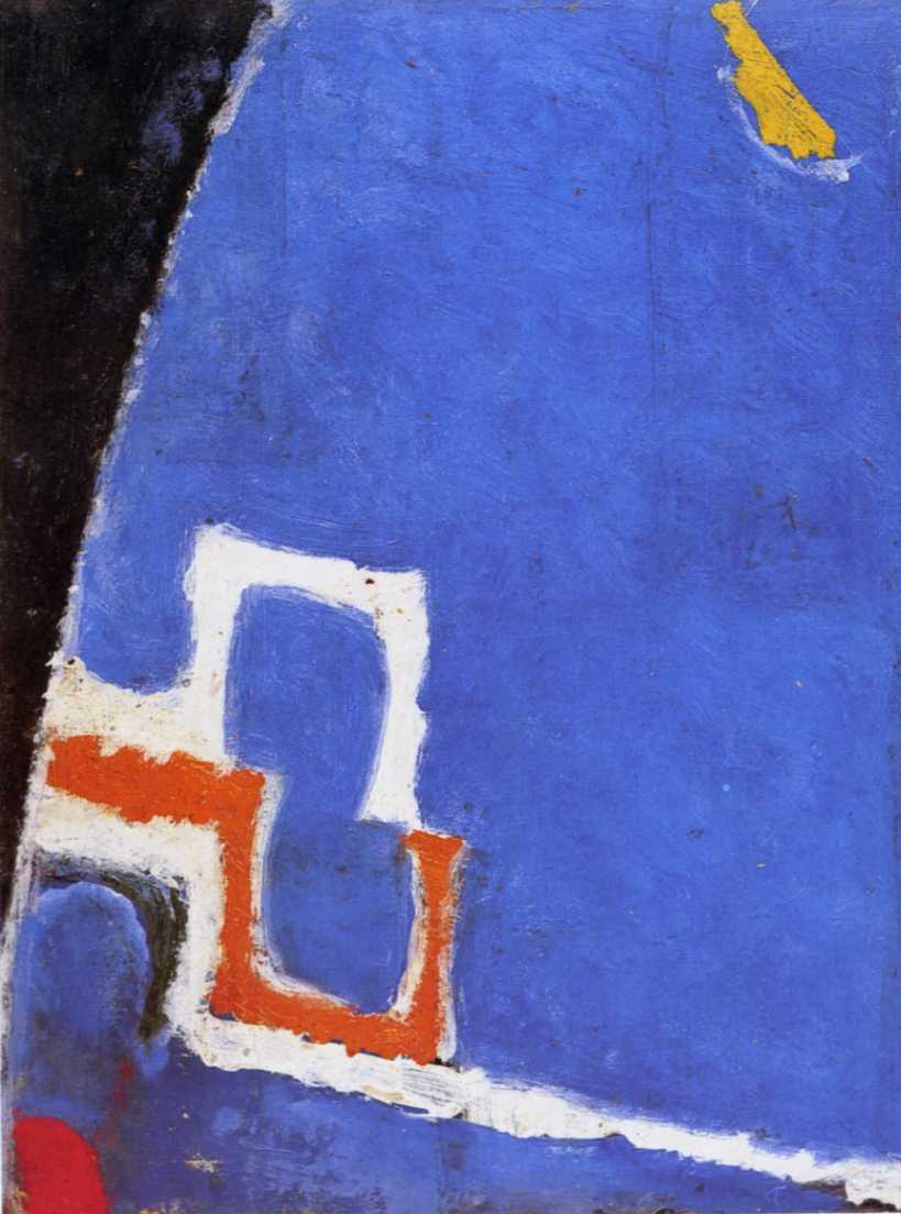 Fiore fantastico su fondo blu, composizione astratta (dipinto) di Licini Osvaldo (sec. XX)
