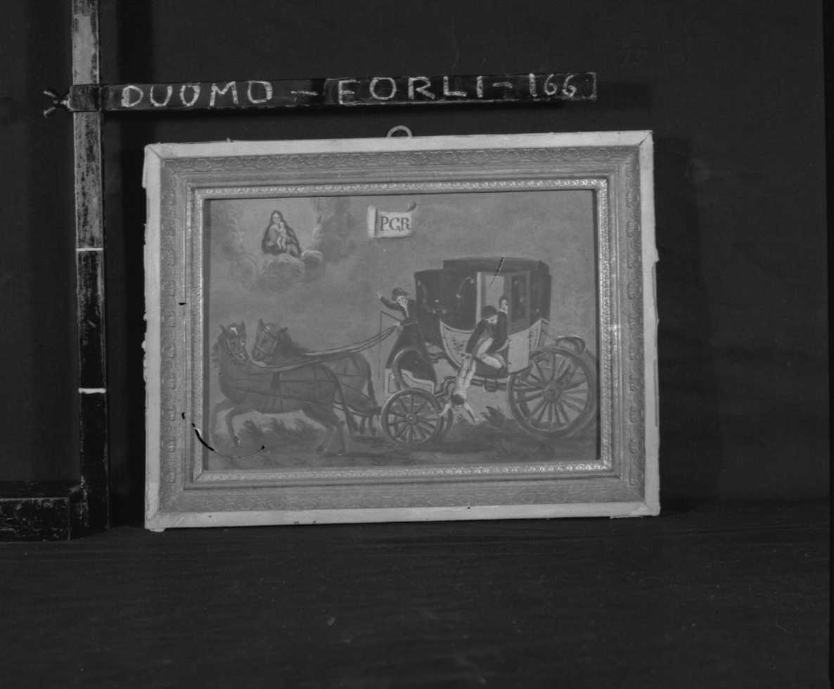 La caduta di un bimbo da una carrozza, scena di caduta da carrozza (dipinto) - ambito romagnolo (seconda metà sec. XIX)