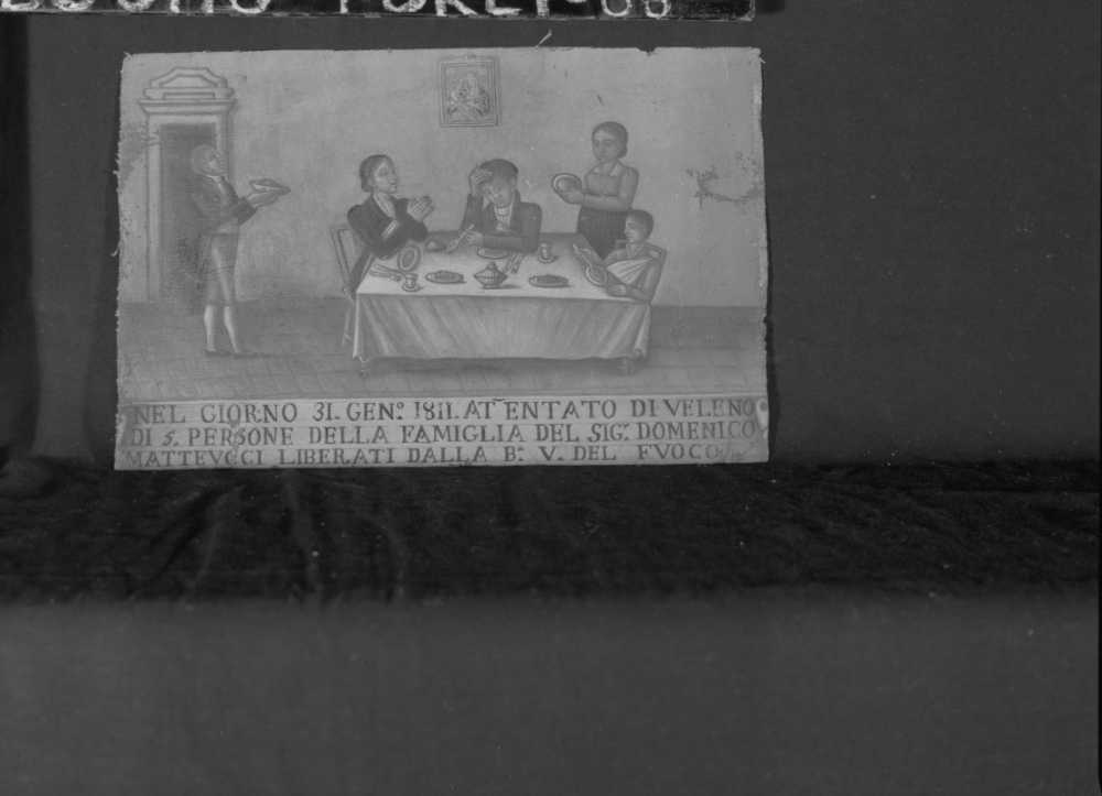 Tre personaggi seduti a tavola e due servitori (ex voto), scena familiare (dipinto) - ambito romagnolo (primo quarto sec. XIX)