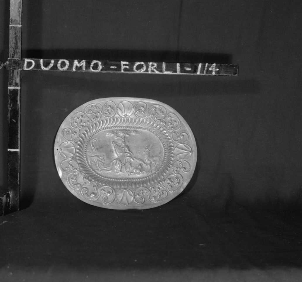 Il musico Orfeo attorniato da animali, Orfeo incanta gli animali con la musica (vassoio) - ambito italiano (seconda metà sec. XVI)