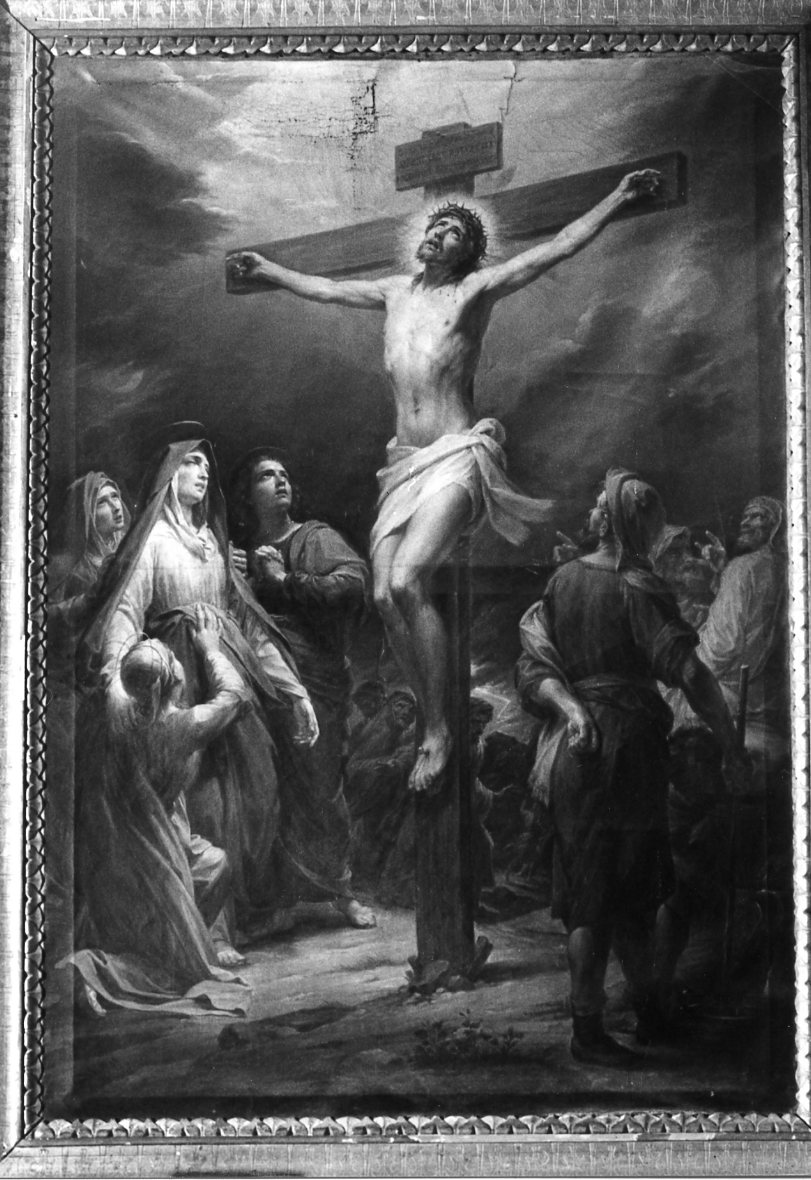 Gesù Cristo crocifisso con le Marie e San Giovanni Evangelista, crocifissione (dipinto) di Gagliardi Pietro (sec. XIX)