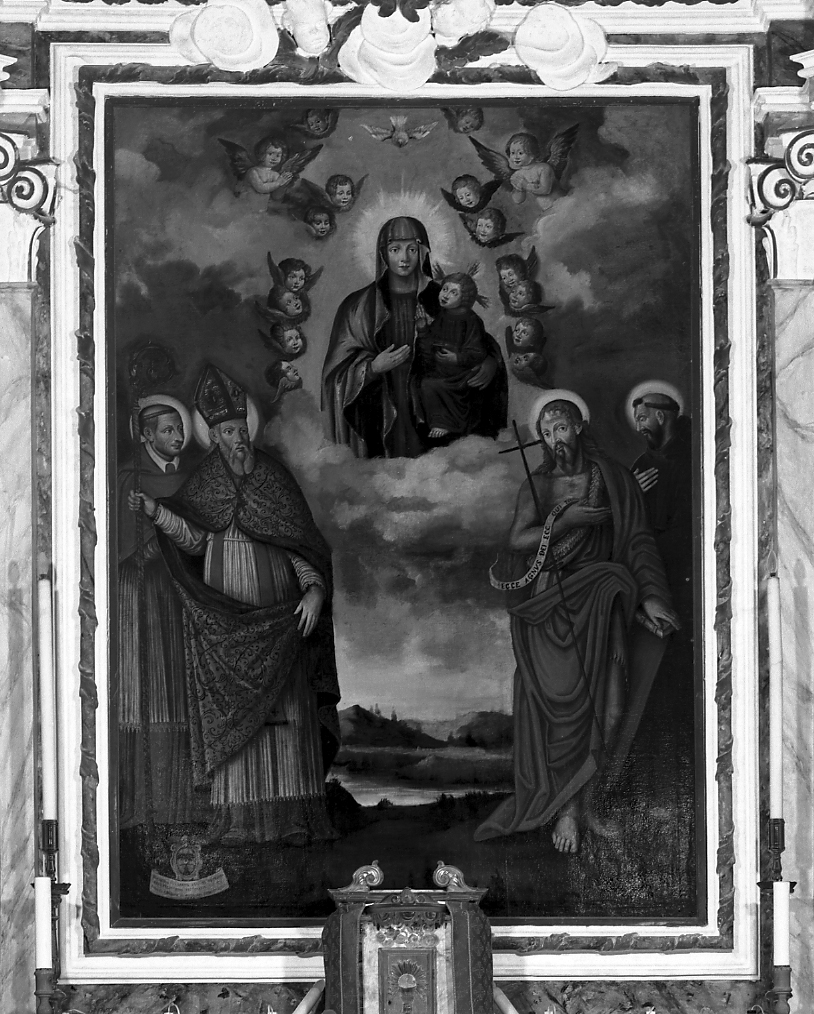 Madonna con Bambino, San Carlo Borromeo, San Martino, San Giovanni Battista e San Francesco (pala d'altare) di Fanelli Annibale (sec. XVII)