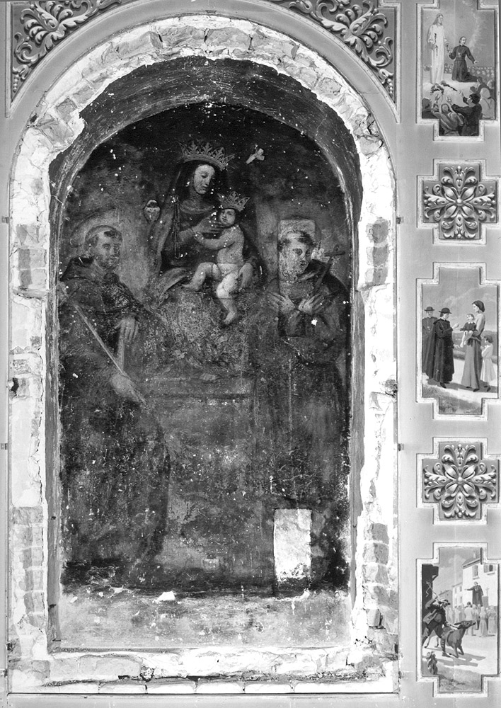 Madonna con Bambino in trono con San Francesco d'Assisi e Sant'Antonio da Padova (?) (dipinto) - ambito emiliano (secc. XVI/ XVII)