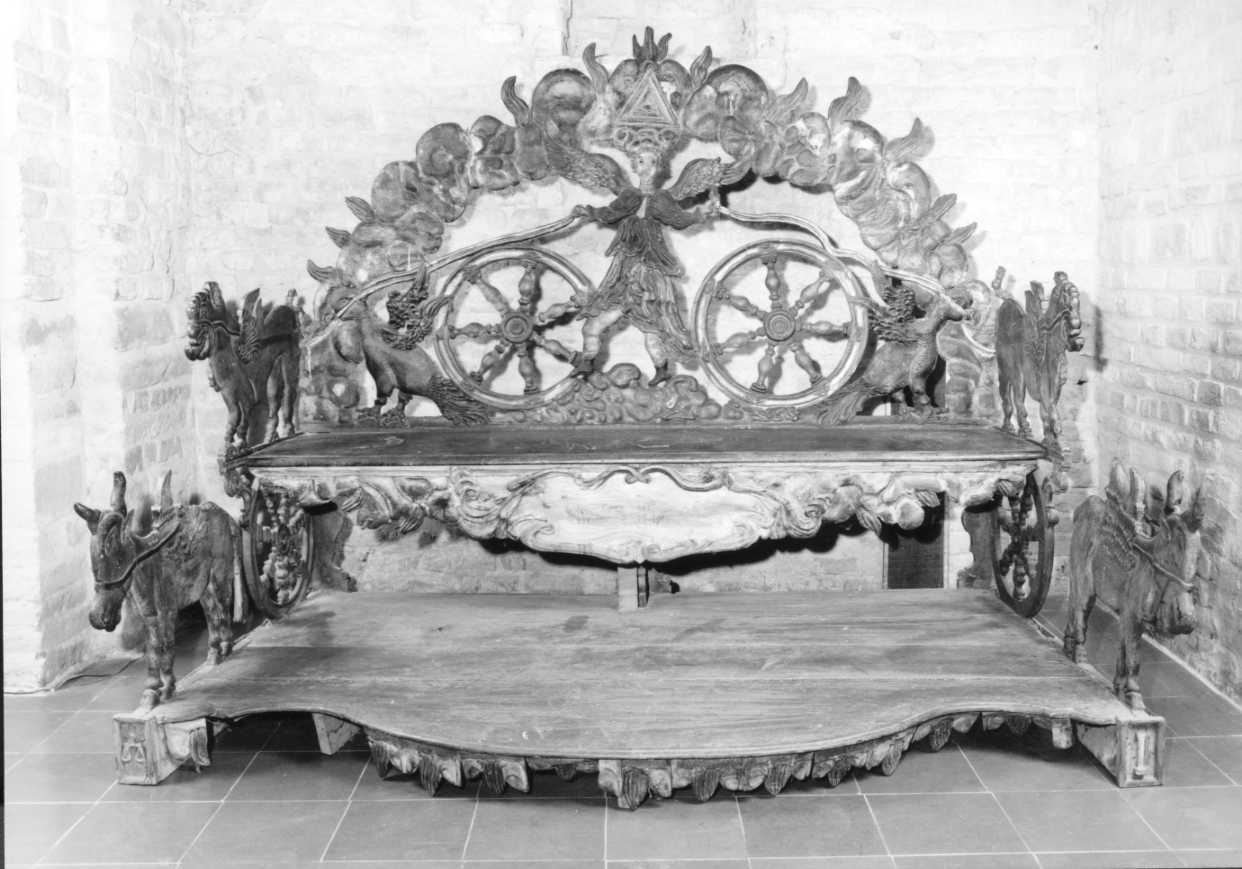 Elia sul carro di fuoco trainato da animali simbolici (banco da chiesa) - ambito tosco-romagnolo (metà sec. XVII)