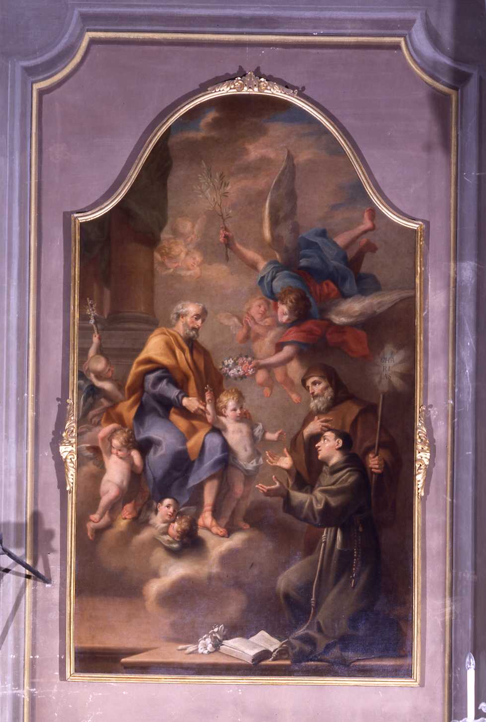 San Giuseppe col Bambino appare a Sant'Antonio da Padova e a San Francesco di Paola (dipinto) - ambito emiliano (sec. XVIII)