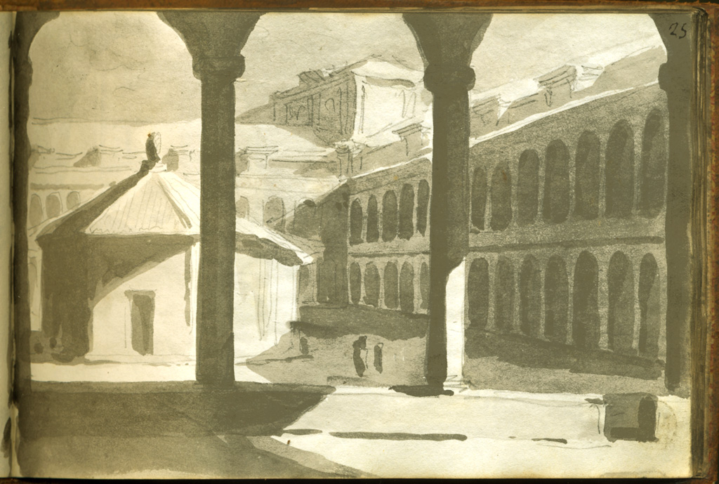 veduta di un interno di un secondario cortile del Ospitale Maggiore di Milano, veduta di cortile (stampa, elemento d'insieme) di Basoli Antonio (sec. XIX)