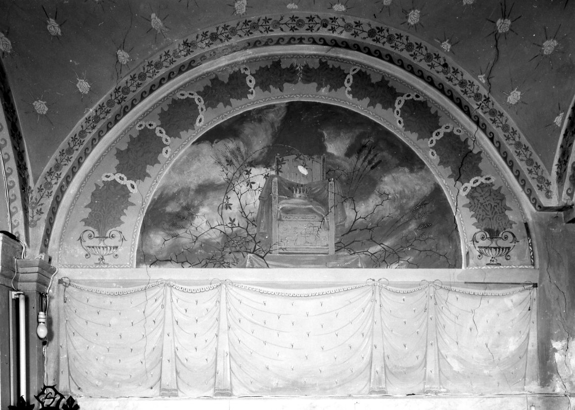 motivi decorativi vegetali; simbolo francescano; simbolo di Sant'Elisabetta di Ungheria (dipinto) di Ugonia Giuseppe (sec. XX)