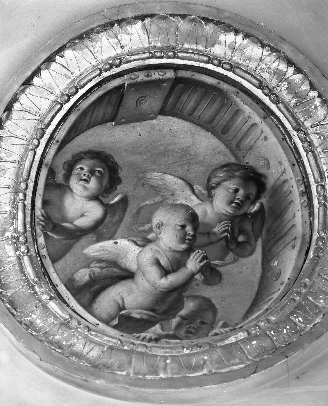 Quattro putti alati che si affacciano da un oculo, putti alati (dipinto) di Pronti Cesare detto Baciocchi (fine sec. XVII)