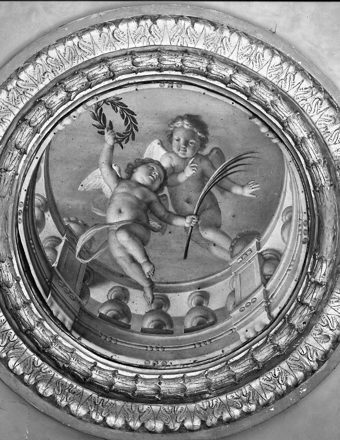 Due putti in volo con balaustra, putti alati (dipinto) di Pronti Cesare detto Baciocchi (fine sec. XVII)