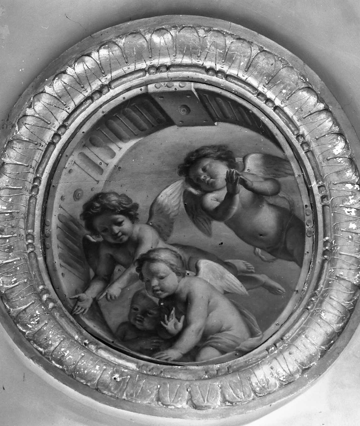 Quattro putti che si affacciano da un oculo con balaustra, putti alati (dipinto) di Pronti Cesare detto Baciocchi (fine sec. XVII)