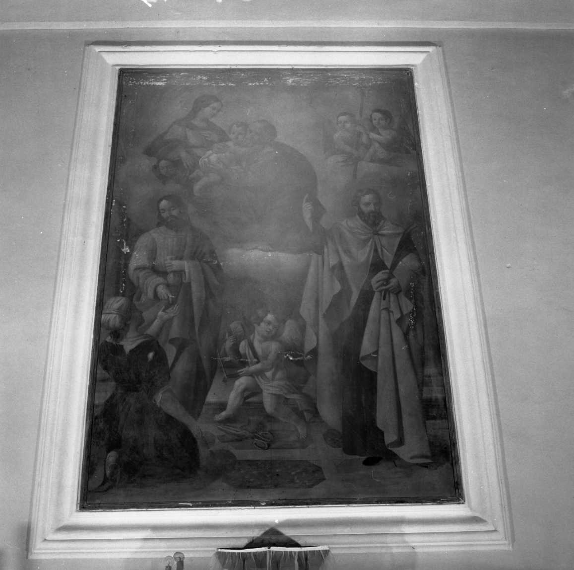 La Sacra Famiglia e i SS. Crispino e Crispiniano (pala d'altare) di Peroni Enea (attribuito) (sec. XIX)