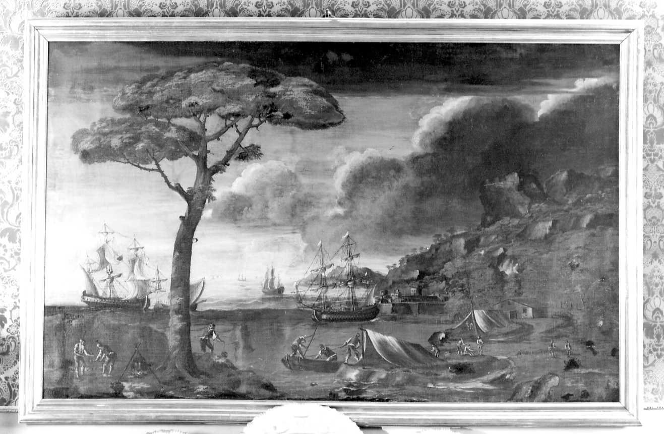 paesaggio marino navi e figure (dipinto) di Rosa Salvator (scuola) (sec. XVII)