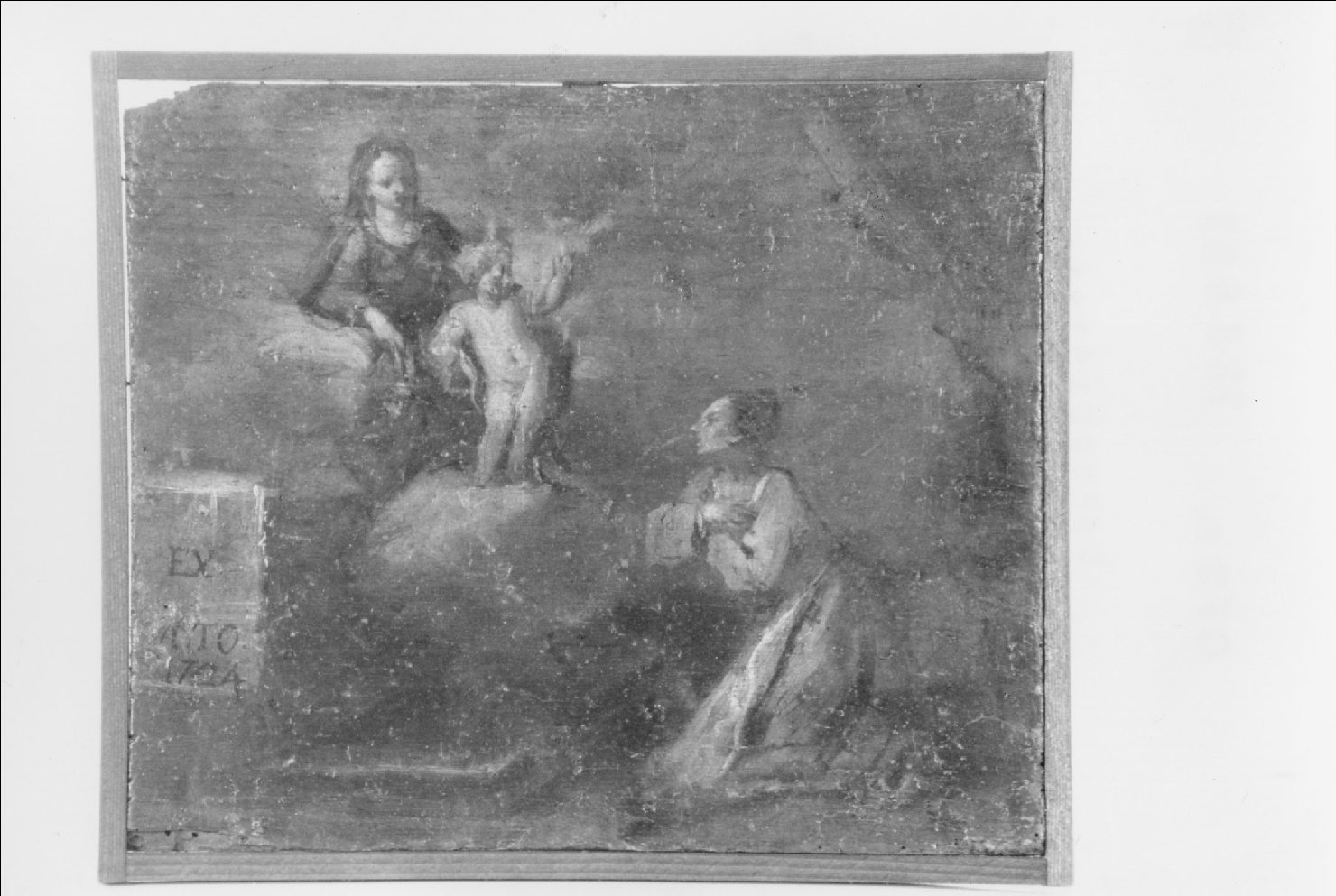 donna inginocchiata prega la Vergine con il Bambino (ex voto dipinto) - ambito emiliano (sec. XVIII)