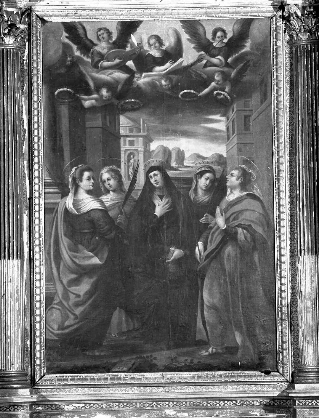 Santa Monica tra le sante Regina, Vittoria, Maura e Fosca (dipinto) di Barbiani Giovanni (prima metà sec. XVII)