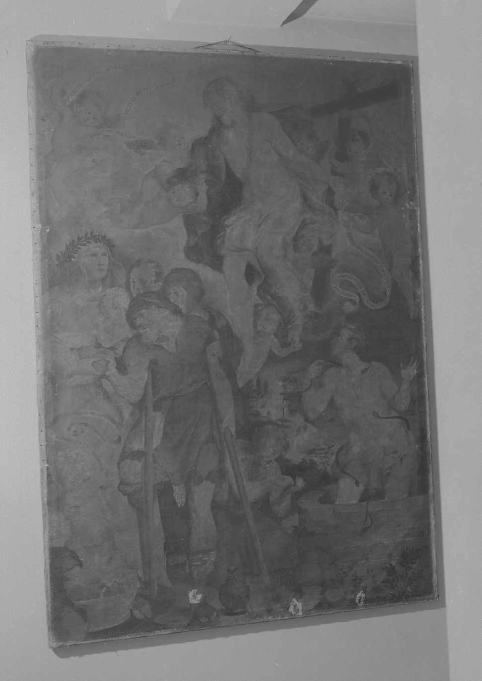 Cristo risorto, San Giuliano e la Carità o Cristo in atto di benedire la carità che dà il pane a uno storpio e San Giuliano, Cristo risorto (dipinto) di Menzocchi Pier Paolo (ultimo quarto sec. XVI)