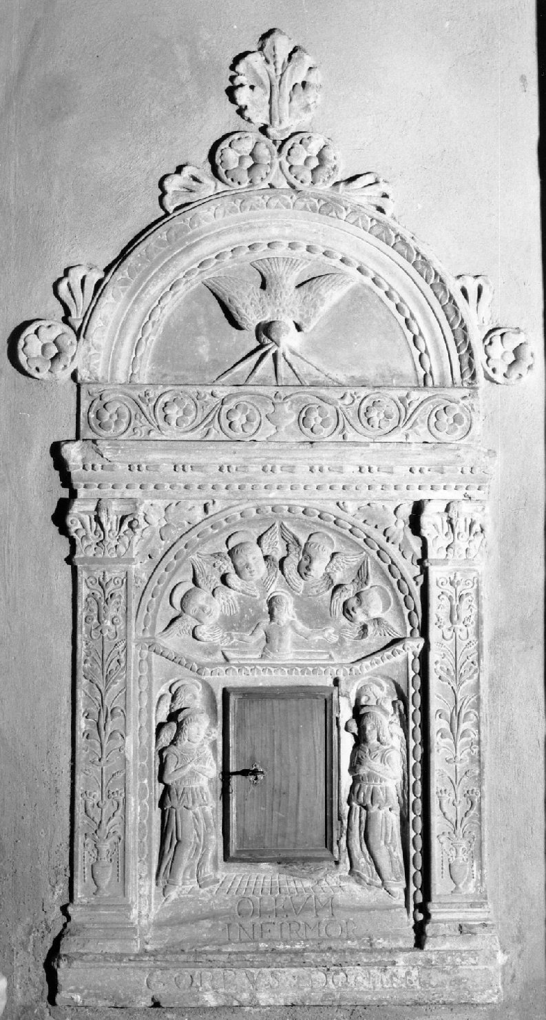 Cristo in Pietà con angeli e colomba dello Spirito Santo (tabernacolo murale) - bottega toscana (sec. XVI)