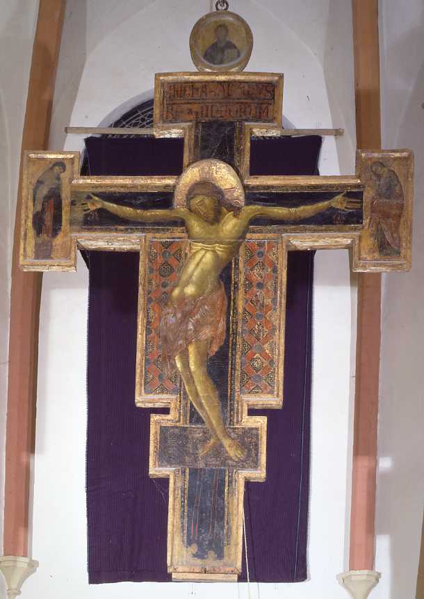 Cristo crocifisso; Madonna piangente; San Giovanni Evangelista; Dio Padre (croce dipinta) di Maestro dei Crocifissi Blu (attribuito) (sec. XIII)