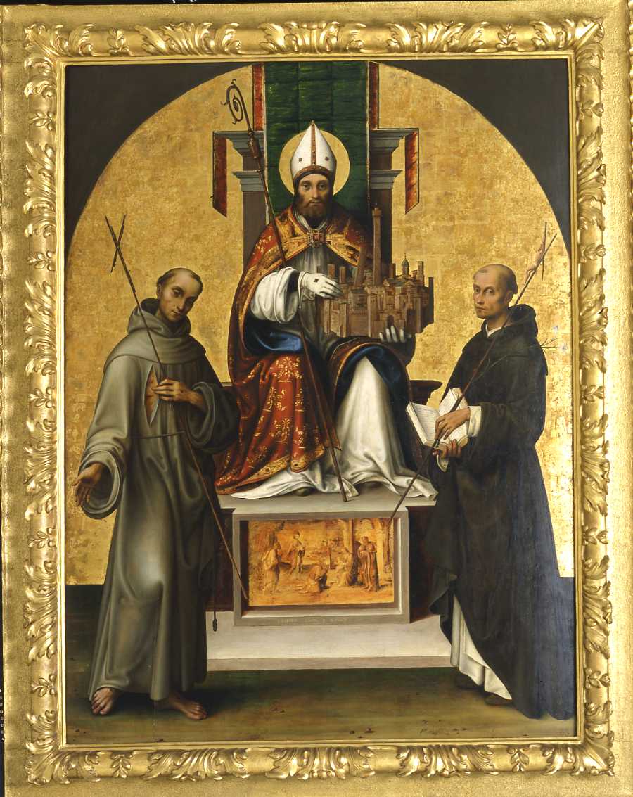 San Petronio in trono tra i Santi Domenico e Francesco (pala d'altare, opera isolata) di Costa Lorenzo il Vecchio (sec. XVI)