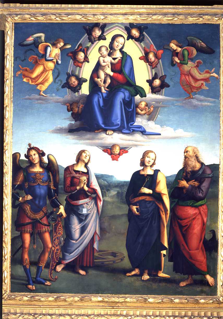 pala Scarani, Madonna col bambino in gloria e i Santi Michele Arcangelo, Caterina d'Alessandria, Apollonia e Giovanni Evangelista (pala d'altare, opera isolata) di Vannucci Pietro detto Perugino (fine sec. XV)