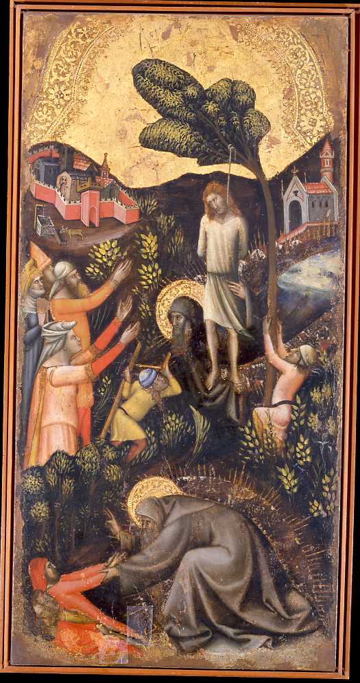 Dopo la morte Sant'Antonio sorregge il corpo di Efron impiccato ingiustamente; Sant'Antonio resuscita tra uomini uccisi dalle fiere (dipinto) di Vitale da Bologna (sec. XIV)