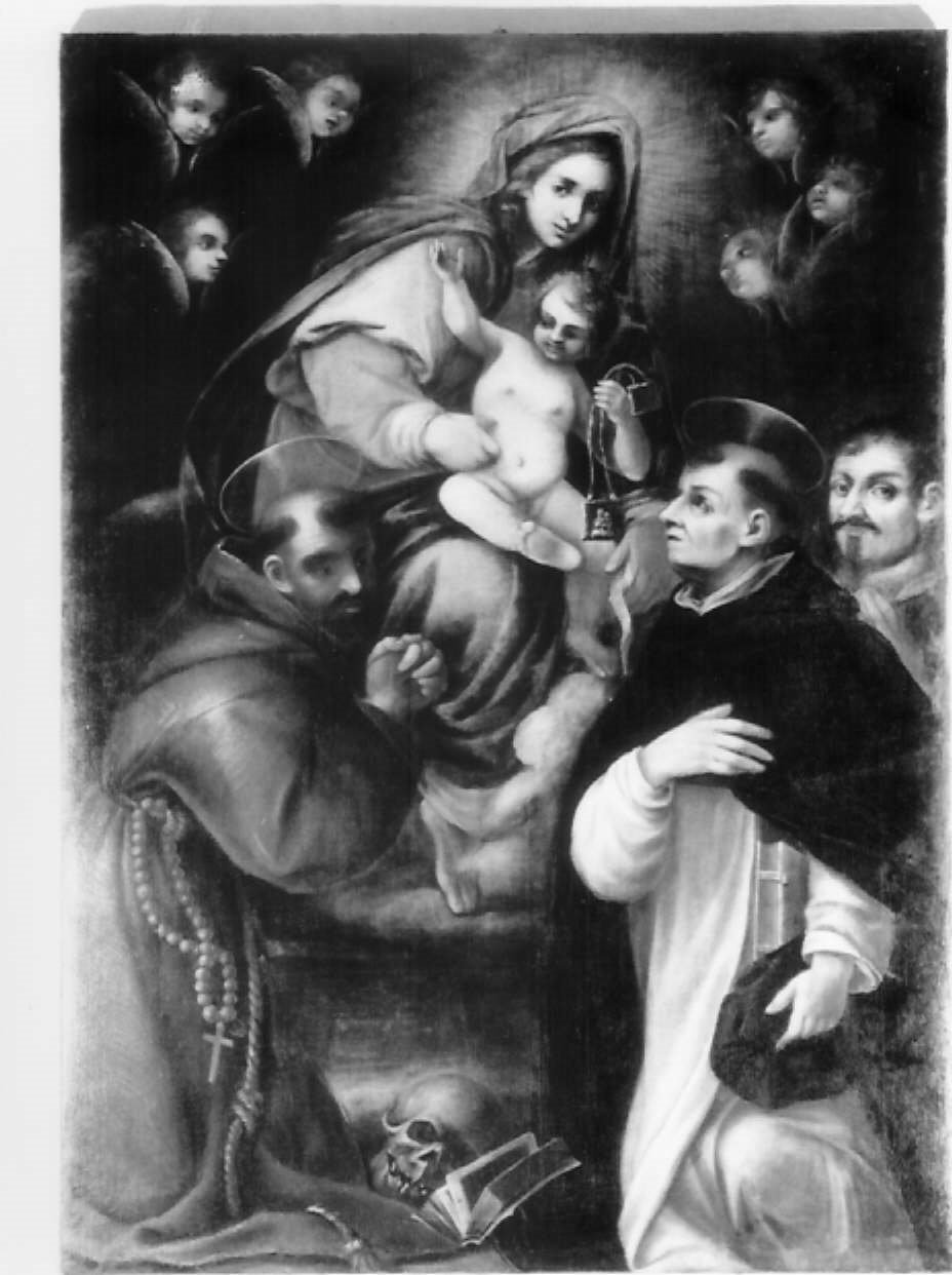 Madonna del Carmine tra San Francesco d'Assisi, San Domenico e un committente (dipinto) - ambito romagnolo (sec. XVII)