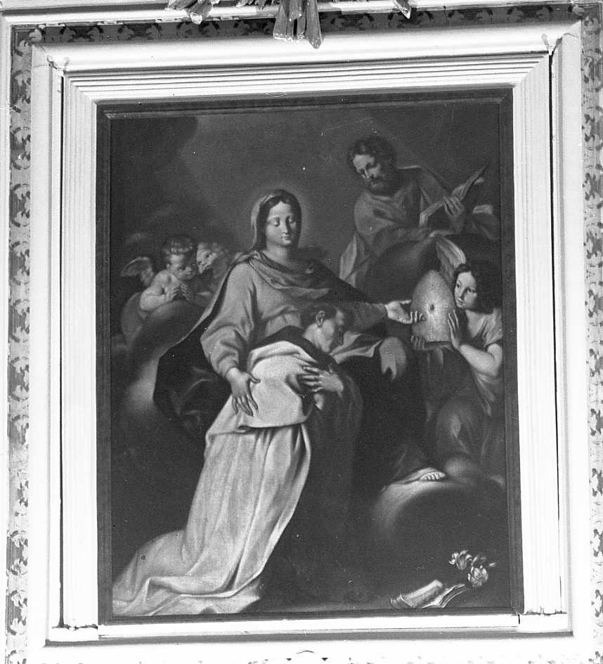 Madonna che offre a un monaco (carmelitano o camaldolese) la mitra da vescovo sorretta da un angelo alla presenza di S. Giuseppe (dipinto) di Bondi Felice Andrea (bottega) (sec. XVIII)