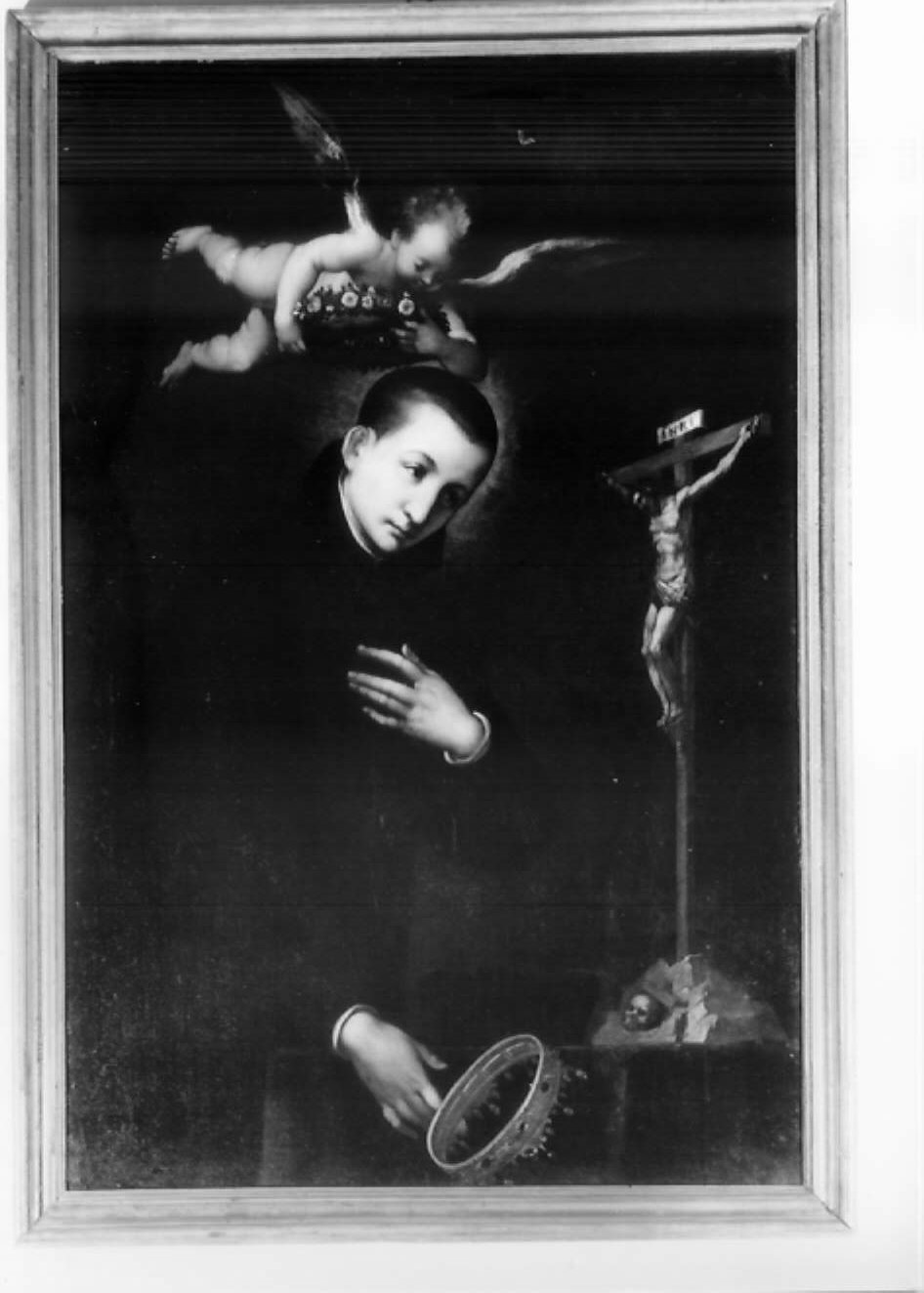 San Luigi Gonzaga che contempla il crocifisso mentre abbandona la corona reale e viene coronato con fiori da un angelo (dipinto) - ambito tosco-romagnolo (prima metà sec. XVIII)