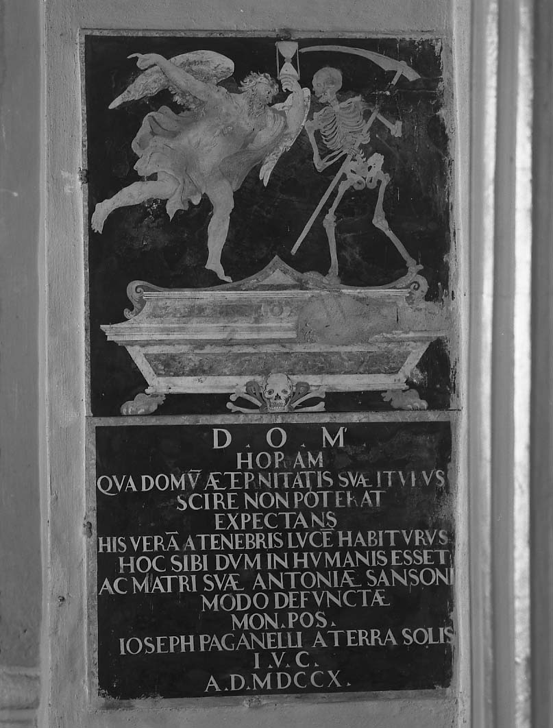 Tempo e Morte su un'urna sovrastante un'epigrafe (lapide) - bottega romagnola (sec. XVIII)